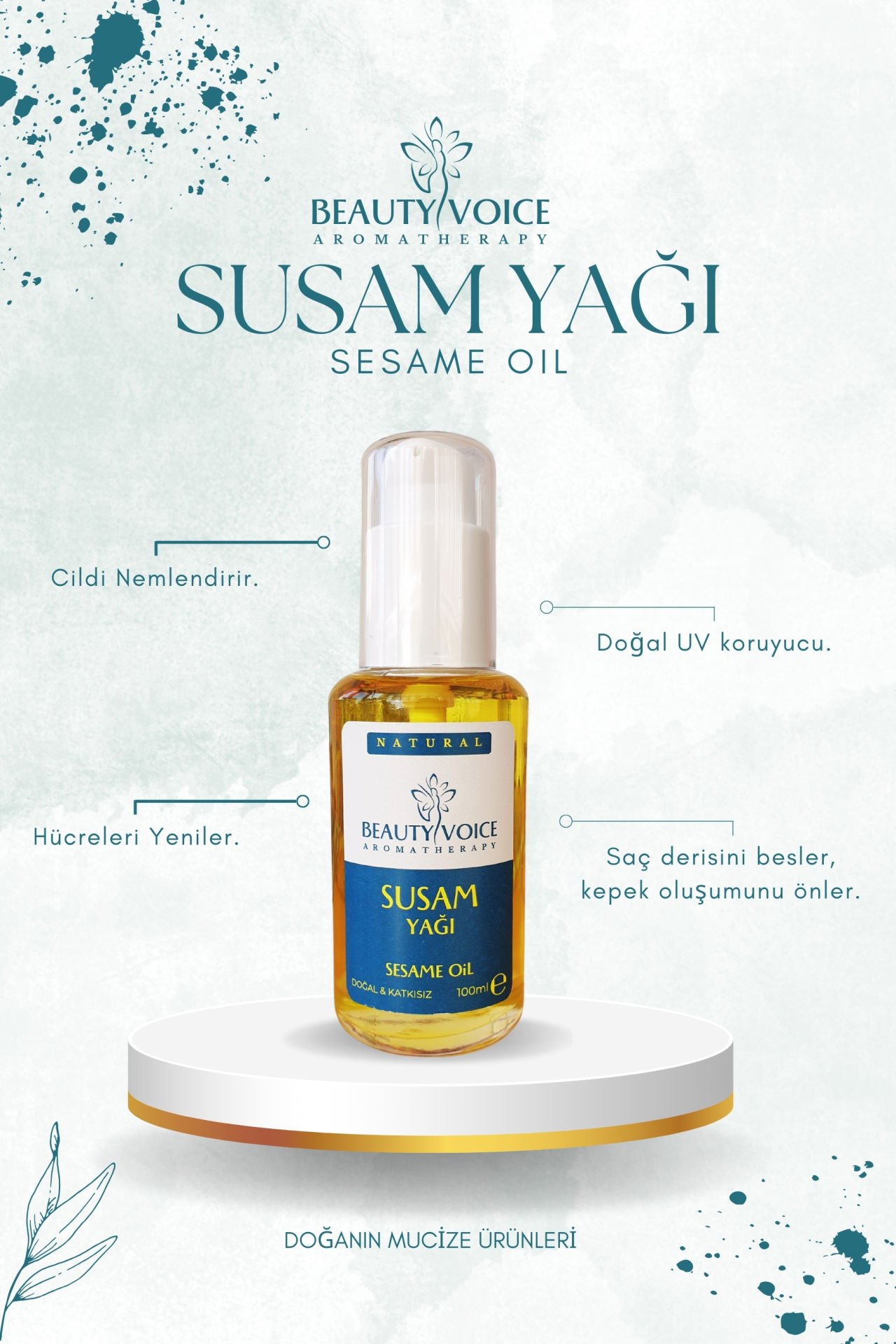 Organik Susam Yağı 100 ml Cam Şişe, (Kargo Bedava) Kilitli Losyon Kapaklı
