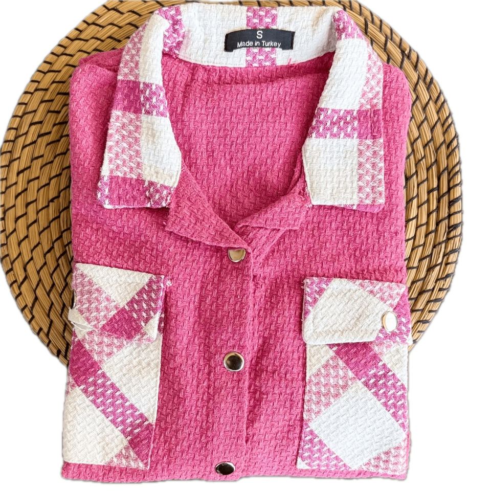 پیراهن زنانه با رنگ گلابی جیب و یقه طرحدار – اطلس اوراسیا