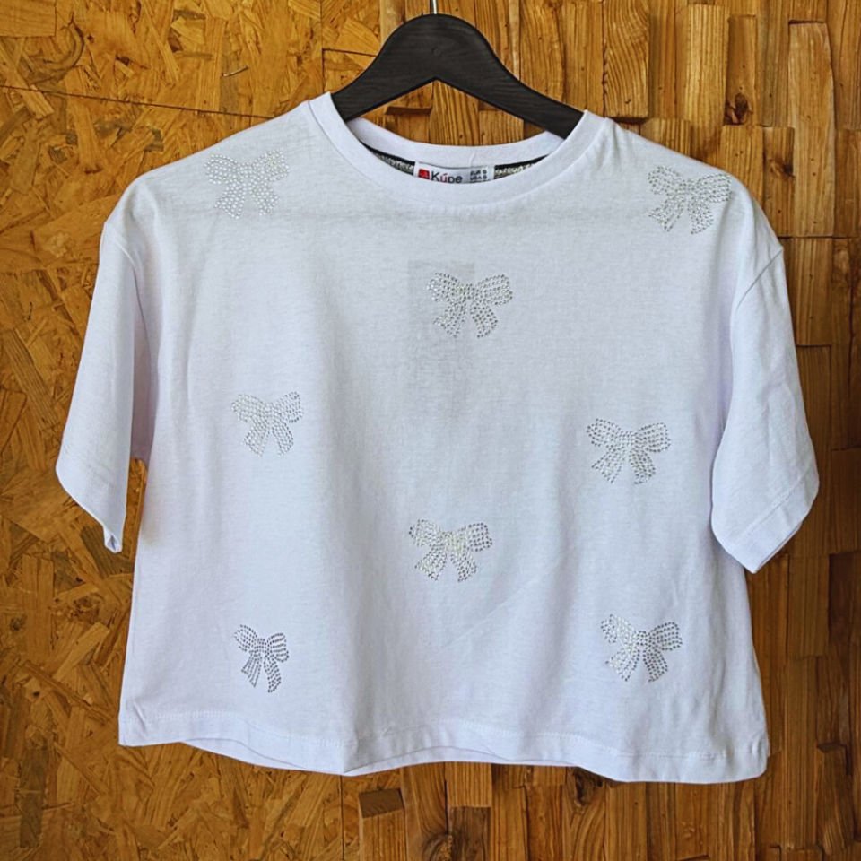 Taş işlemeli kurdeleli kadın T-shirt – %100 pamuk