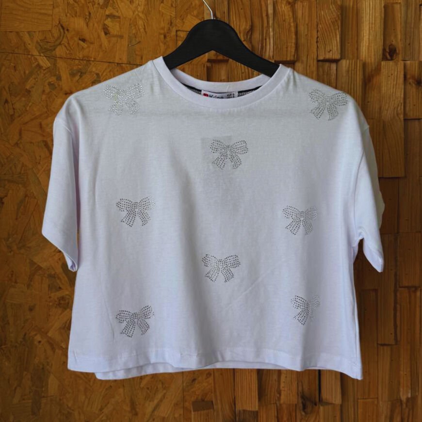 Taş işlemeli kurdeleli kadın T-shirt – %100 pamuk